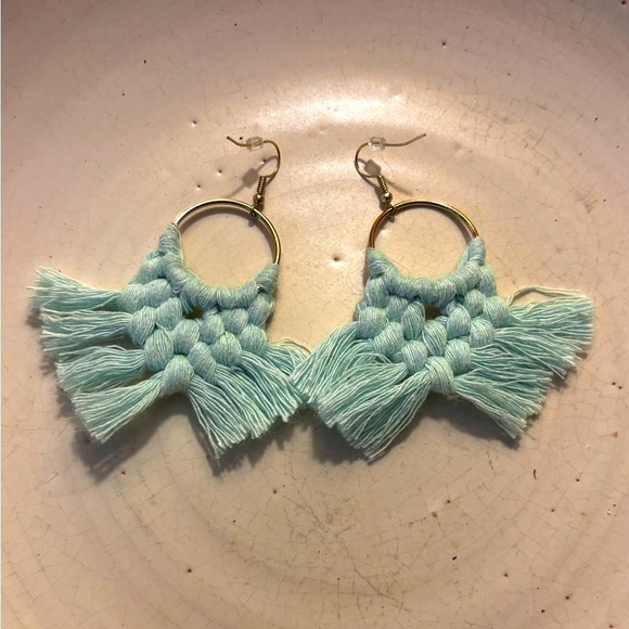 Boho Handmade Light Blue Macramé Tassel Earrings - Picture 3 of 5